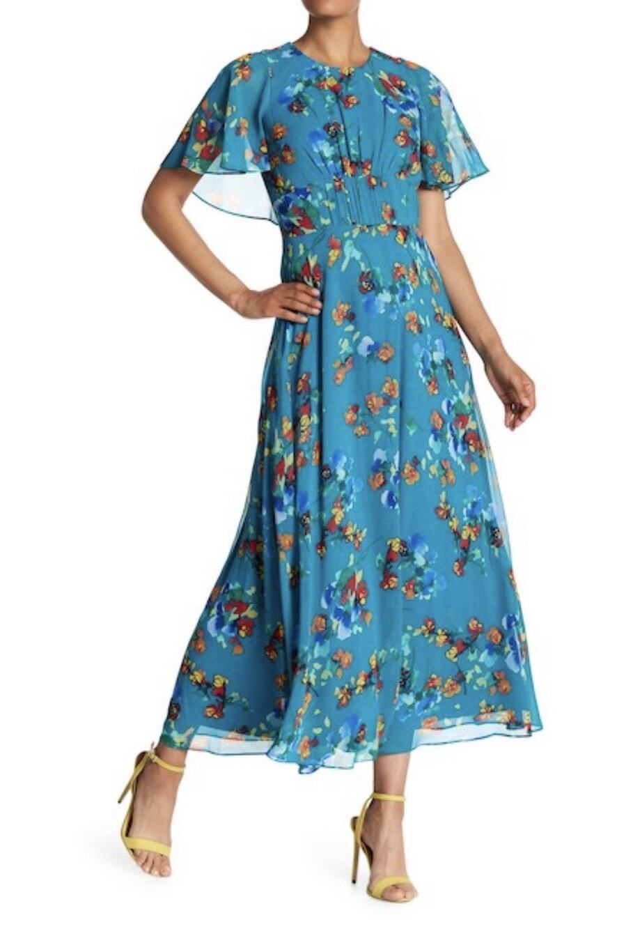 NEW Calvin Klein Maxi Fit Flare Dress Floral Wedding Evening Party Cocktail Cape